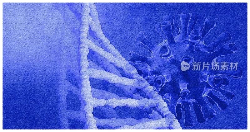 3D渲染，上面应用了水彩滤镜，描绘了DNA/RNA链和COVID-19病毒。